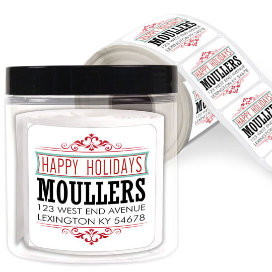 Happy Holidays Banner Square Address Labels